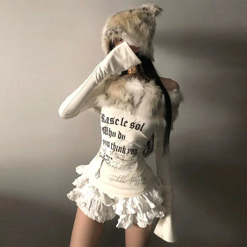 Genayooa Vintage Y2k T Shirt Women Off Shoulder Janapese 2000s Fur Collar Tops Fairycore Print Graphic Tops Aesthetic Grunge Top