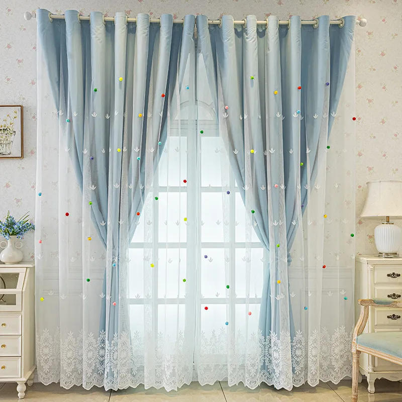 Double Layer Sheer & Solid Curtain with Colorful Pompoms, Light Filtering Blackout Window Curtains for Living Room Bedroom