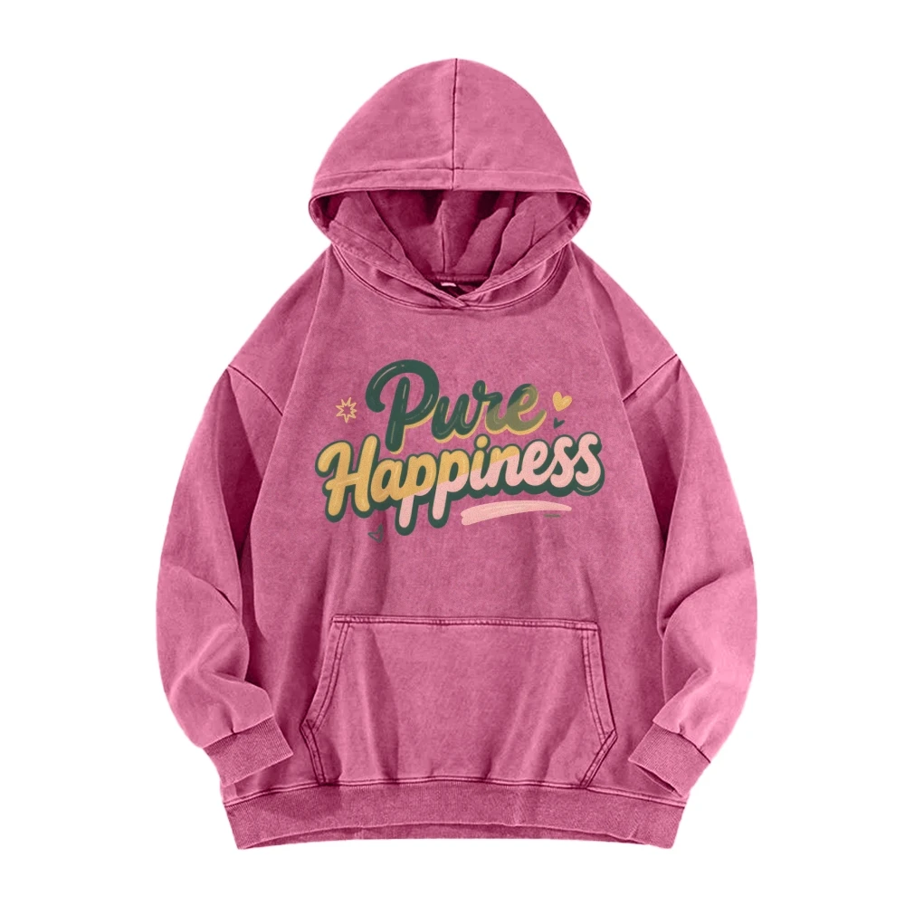 Pure Hppiness Casual Washed Hoodie Casual Sweatshirt Graphic Fashionable Cotton Comfortable Soft Breathable Cartoon Letter