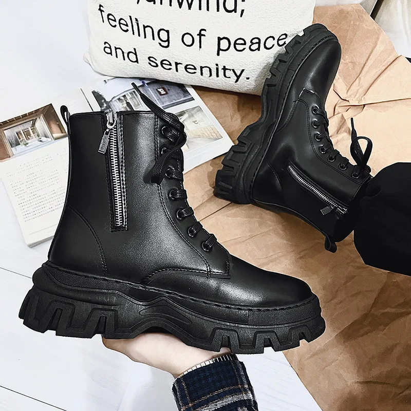 Men Leather Fashion Boots for Men Waterproof Lace Up Short Ankle Boots Men Outdoor Platform High Top Motorcycle Boots