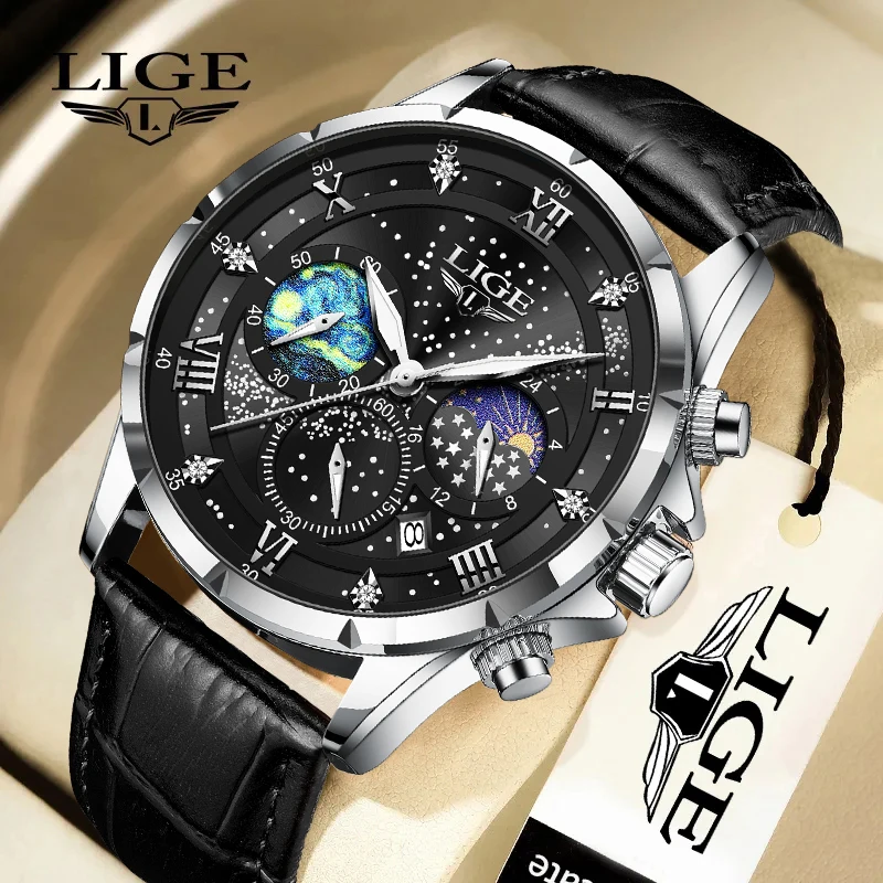 LIGE 2024Mens Watch Luxury Waterproof Male Clock Moon Phase Date Casual Leather Quartz Wrist Watch Men Chronograph Montre Homme