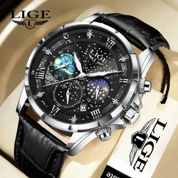 LIGE 2024Mens Watch Luxury Waterproof Male Clock Moon Phase Date Casual  Leather Quartz Wrist Watch Men Chronograph Montre Homme