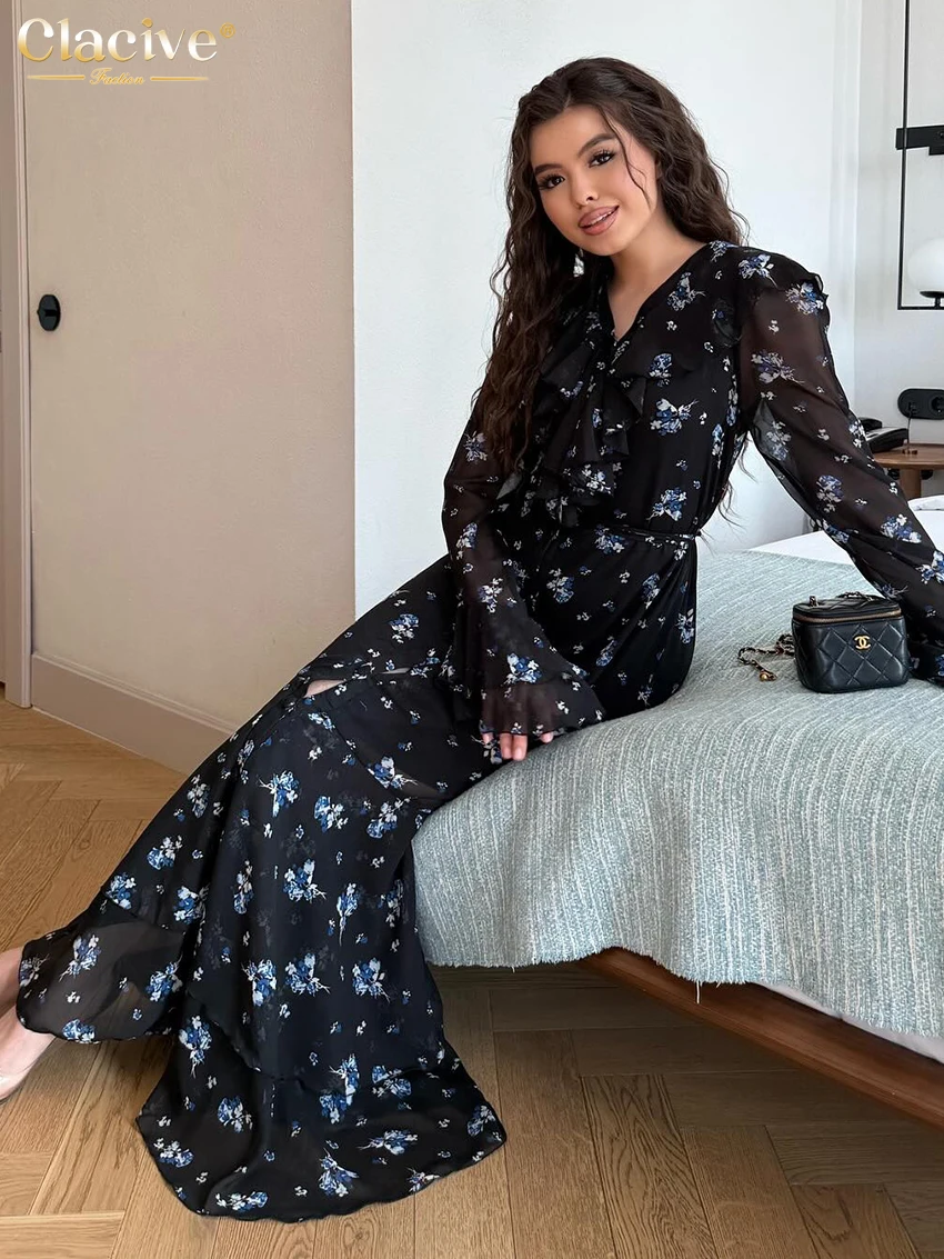 Clacive Fashion Loose Print Women's Dress 2025 Vintage V-Neck Long Sleeve Maxi Dresses Elegant High Waist Pleated Female Dress