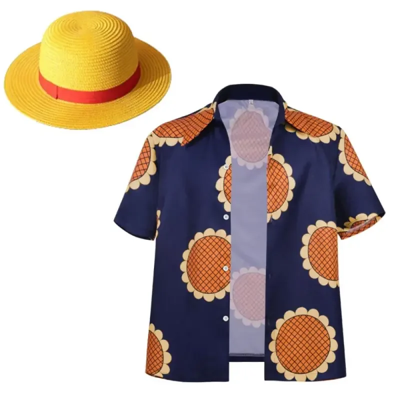 SN55Men أنيمي لوفي تأثيري قميص الصيف عباد الشمس طباعة الأزرق رداء علوي غير رسمي تي شيرت هالوين حفلة القرد D لوفي القش قبعة Sh$@1w