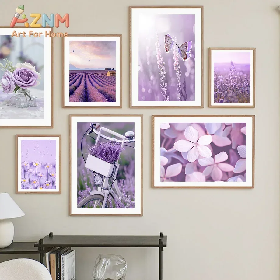AZNM Aesthetic Purple Lavender Floral Canvas Wall Art Bicycle Butterfly Rose Flower Scenery Print for Bedroom Living Room Home D