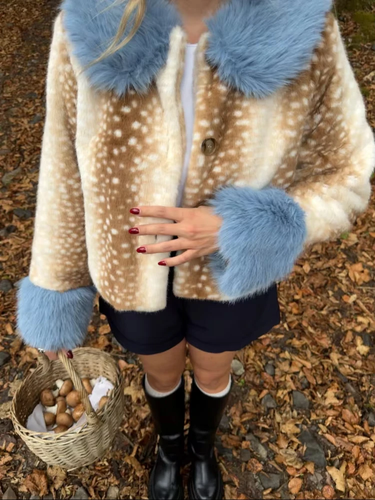 AV Deer Print Faux Fur Cropped Jacket Women Blue Contrast Lapel Cuff Button Up Fluffy Warm Coat Winter Casual Street Outwear