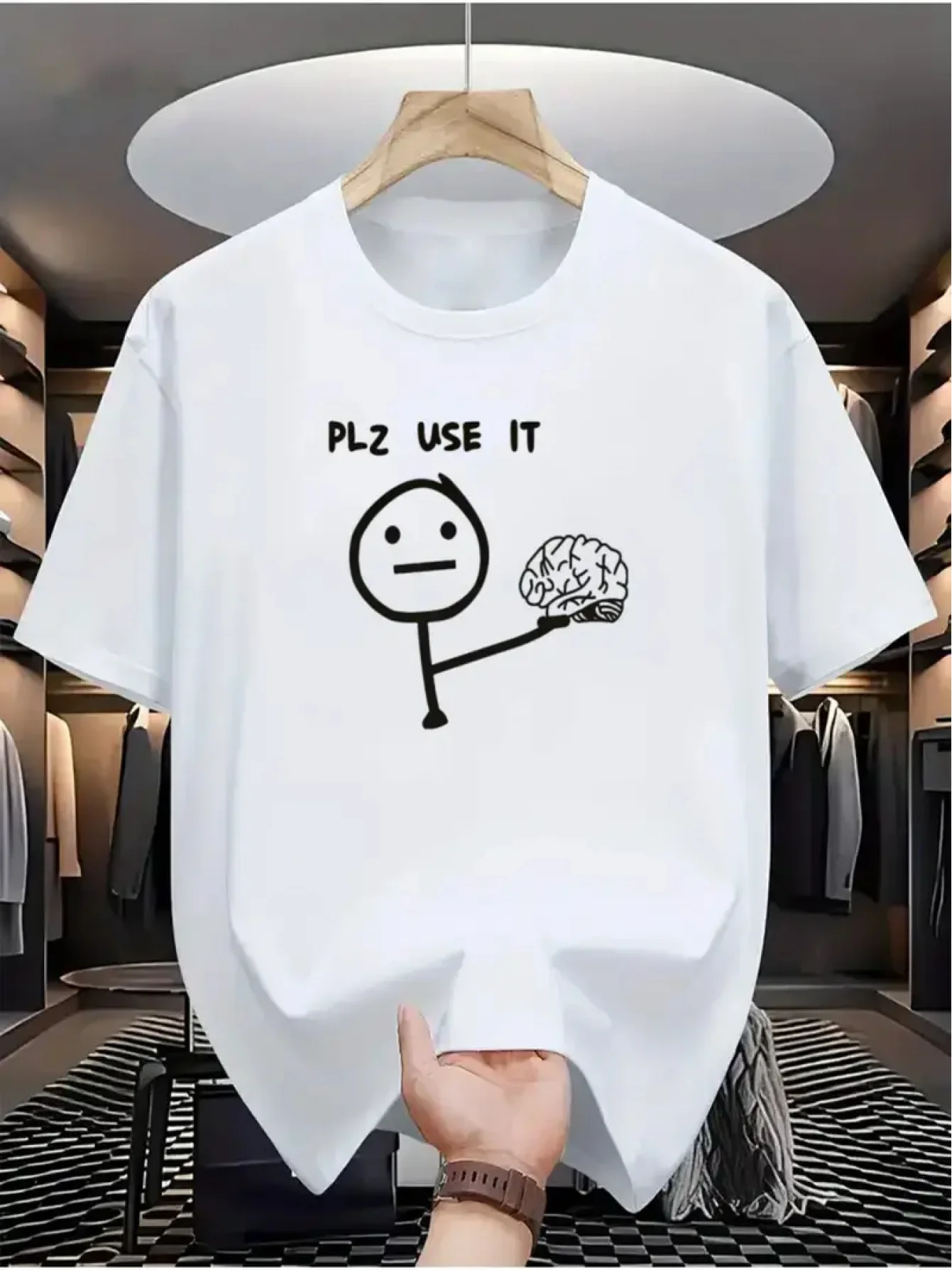 Loose Oversized Chest Funny Stickman Holding Brain PLZ USE IT Sarcastic Meme Print Unisex T Shirts 100% Cotton Drop Shoulder Hum