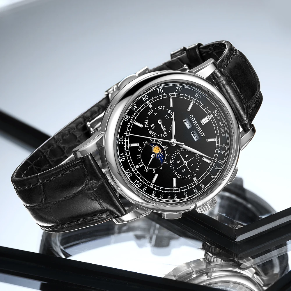 Corgeut 42 мм автоматические мужские часы Дата День Месяц Год Розовое золото Циферблат Многофункциональный кожаный ремешок 316L Полированный корпус День Ночь