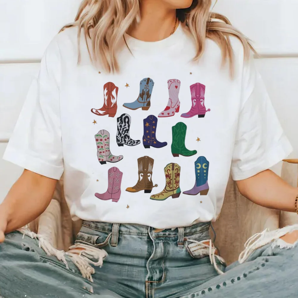 Casual Printed Women's Watercolor Boots Pattern Fashion Trend T-Shirt Basic Women's 90s Top Short Sleeve Polyester T-Shirt