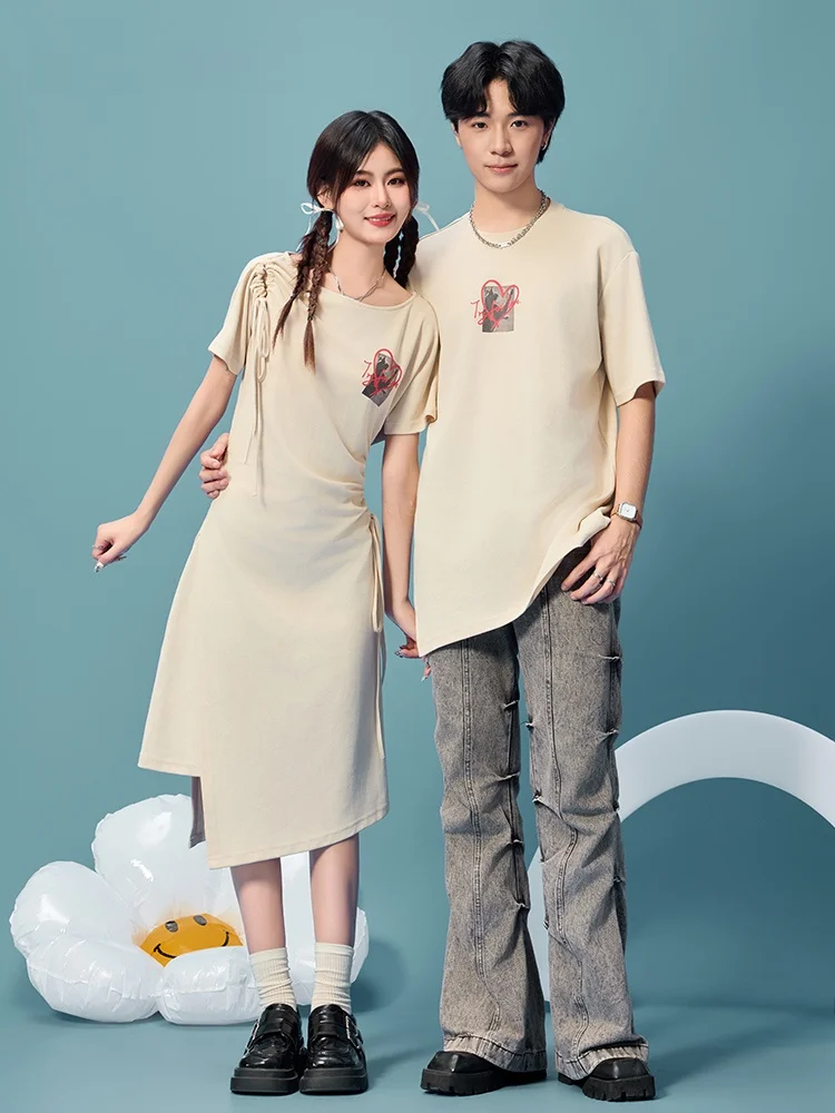 

Design Sensation Couple Matching Short Sleeve T-Shirt Dress Pure Cotton Summer New Arrival Casual Style Gathered Waist ...