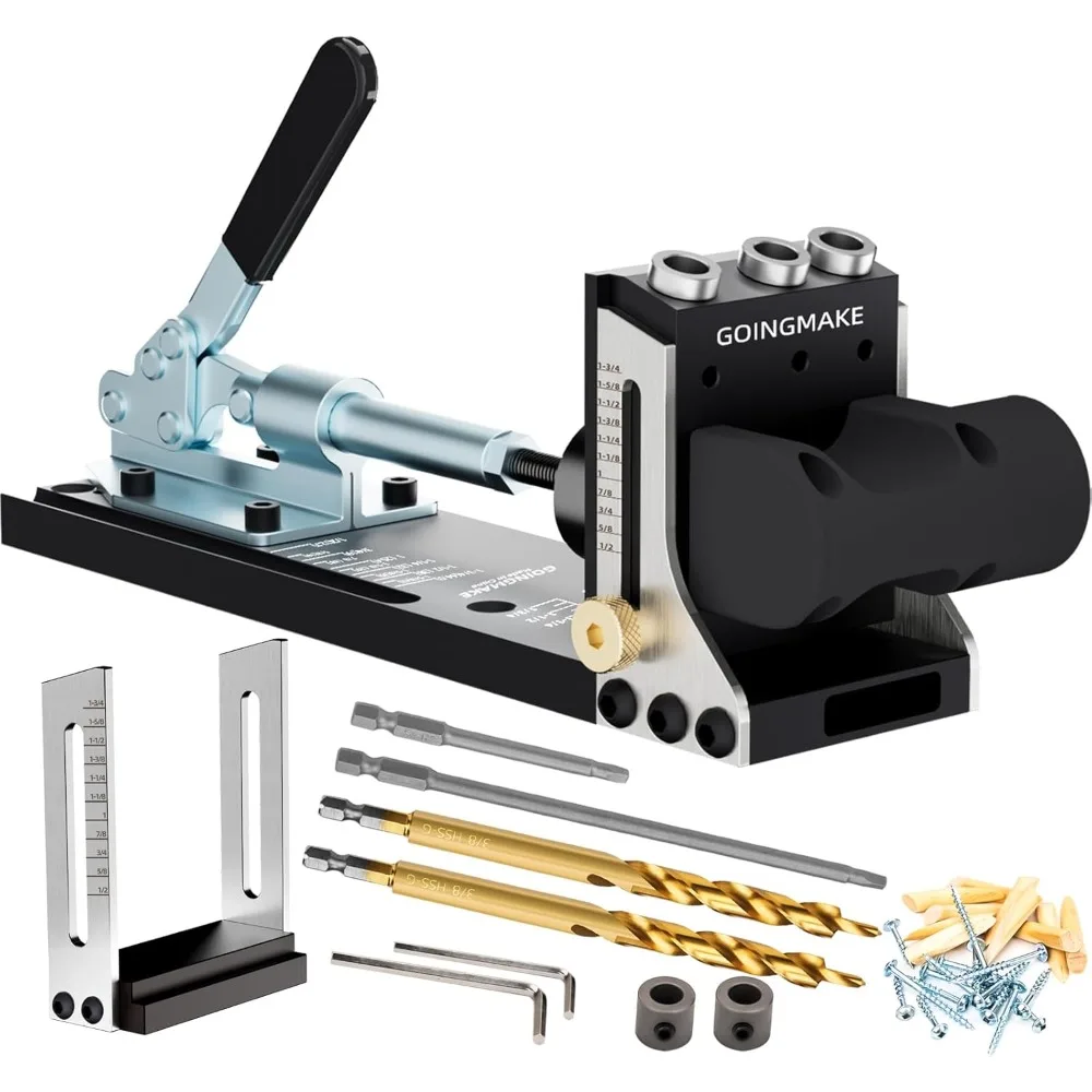 

All Metal Pocket Hole Jig Kit with Quick Clamp and Dust Collection Easy Use 3 Holes Pocket Hole Screw Jig System