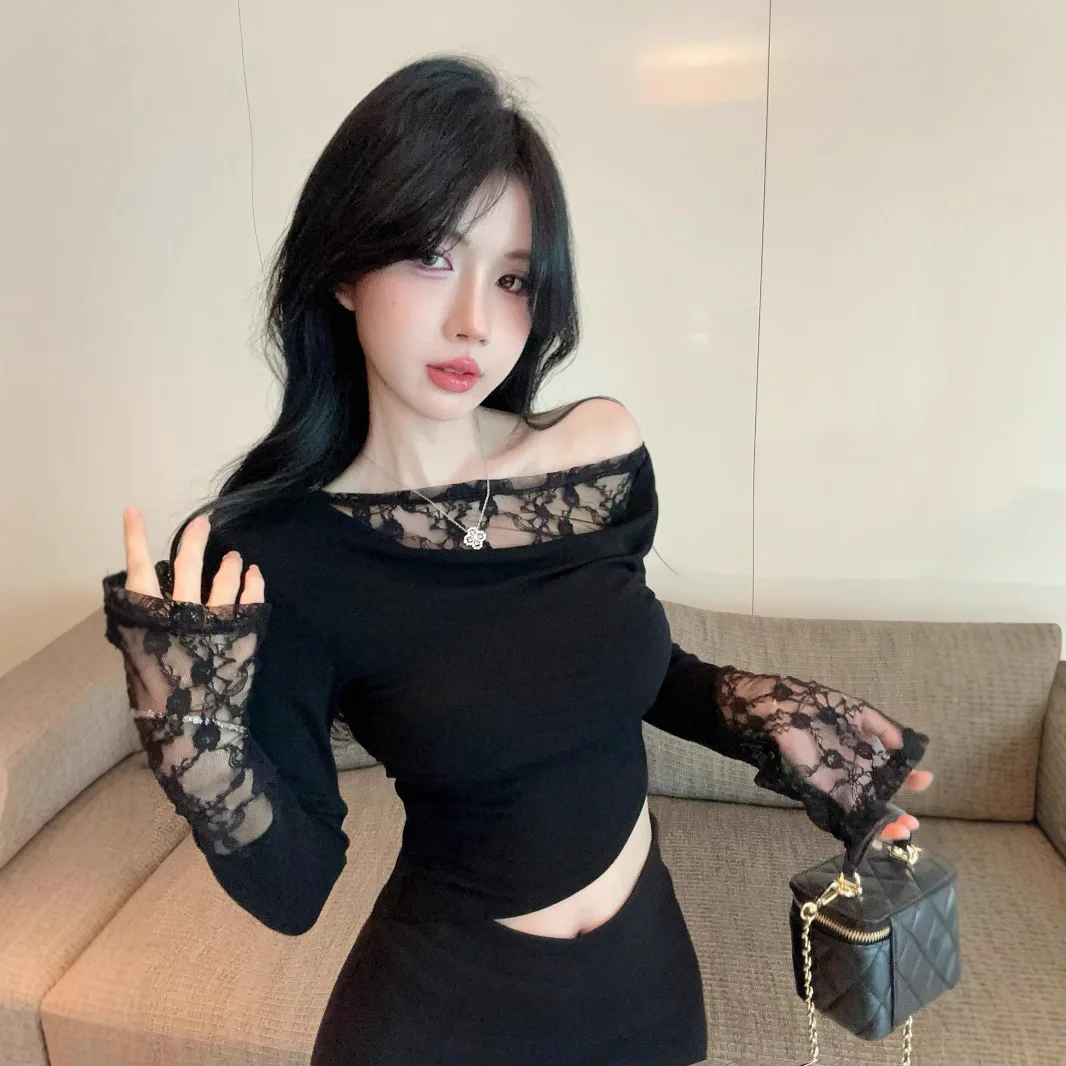 

Высокое качество, хит продаж, оптовая продажа, футболка с нерегулярным косым воротником и длинными рукавами, сексуальная кружевная базовая рубашка с внутренним верхом, зима Y2K