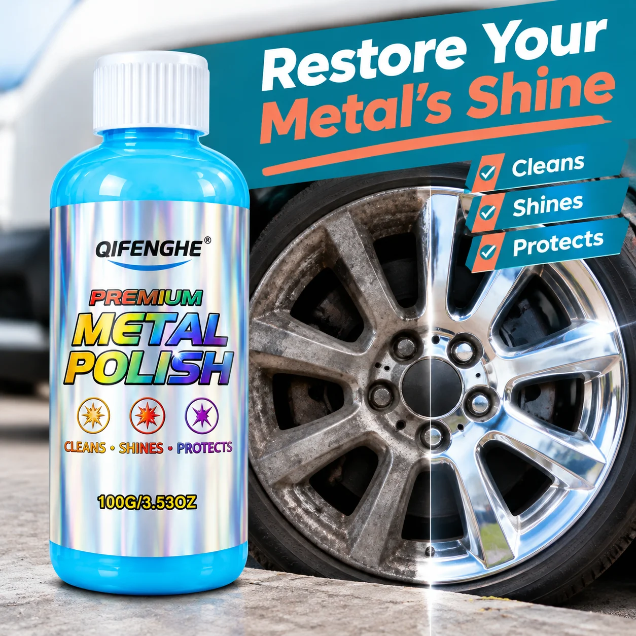 QIFENGHE 100g Extra Strength Metal Polish, Automotive Metal Polishing Cream, Removes Oxidation & Restores Shine, Car Wheel Rim