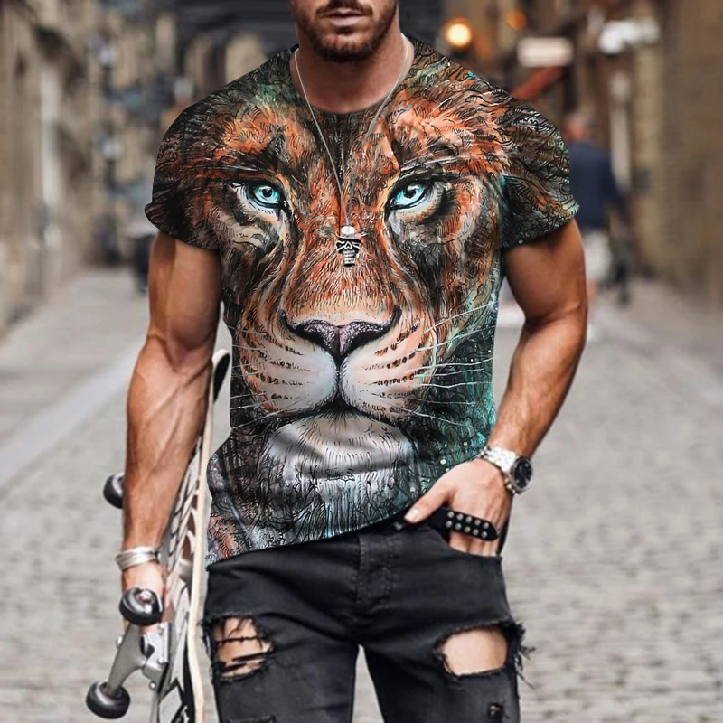 Sika Deer Lion Wolf Purple Tiger Men's T-Shirt 3D Print Crew Neck Animal Funny Streetwear Summer Loose Large Short Sleeve TShirt