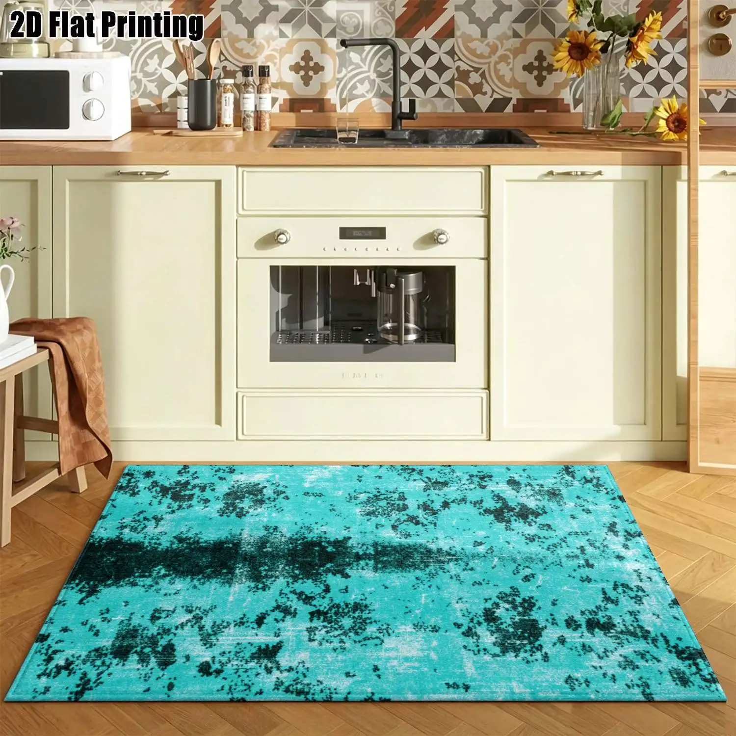 1Pc 2D Printed Carpet: Green-Blue Abstract Nordic/Instagram Style, Modern Minimalist Vintage Geometric, Home Decor, Multi-Size, Machine Washable, for Entrance, Dining, Foyer, Bedroom, Living Room