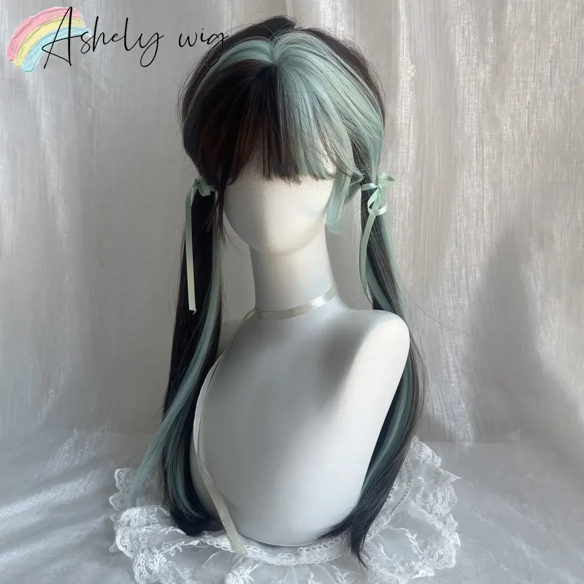 Ashely Ombre วิกผมสีเขียวอ่อนวิกผมยาว shtraight กับ bangs JK COSPLAY headwig ราคาถูก pelucas realistas mujer