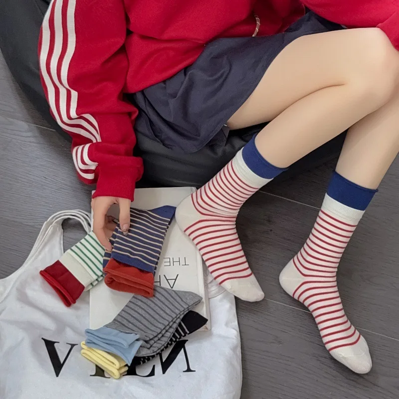 

Socks Women's Striped Socks Double Mouth Medium Stockings Simple Stockings Fashion Versatile Soft Skin-friendly One Size