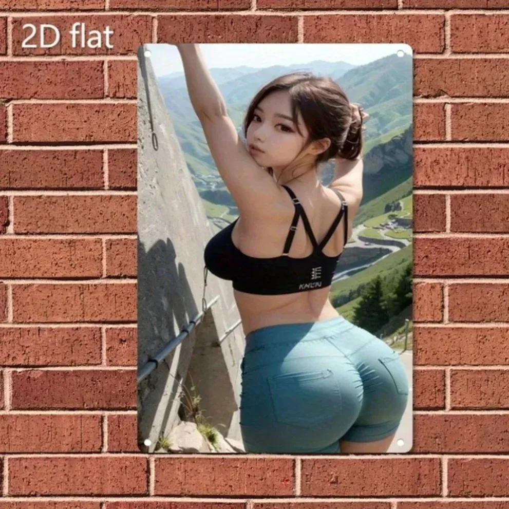 HD Metal Tin Sign Stunning Asian Beauty in Black Sports Bra & Teal Shorts Wall Art Retro Metal Plaque for Home Decor 8x12 Inch