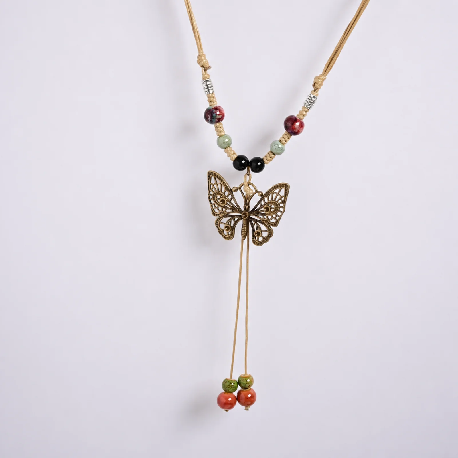 Art Handmade Ceramic Bead Green Butterfly Necklace Adjustable Wax Cord Woven Pendant with Metal Accents 608P13-08