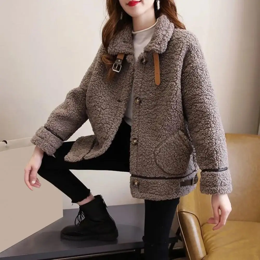 Women Lamb Wool Coat Stylish Winter Women's Coat with Turn-down Collar Plush Pockets Belt Decor Stay Warm Fashionable for Cold