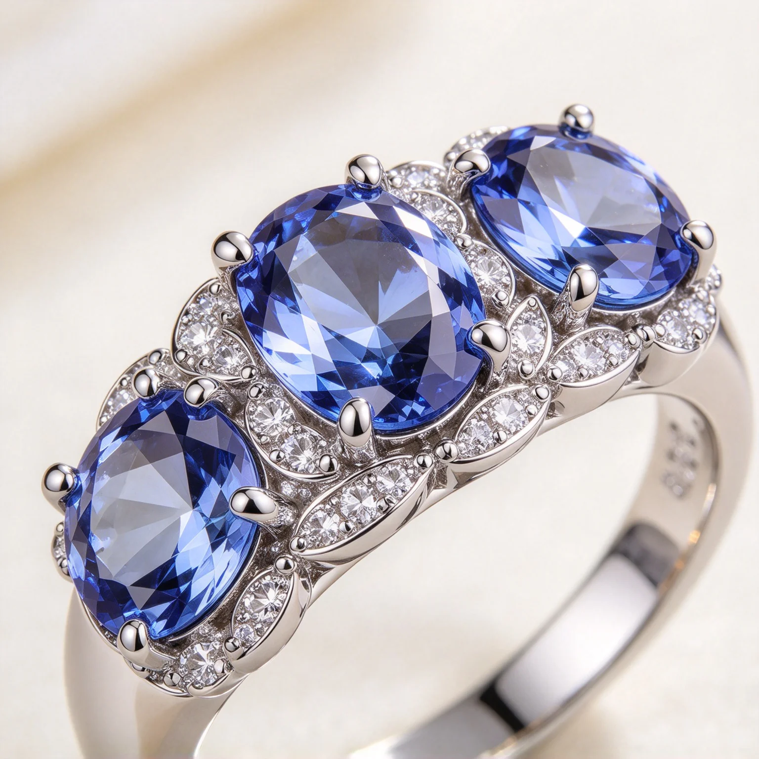 Oval Blue Sapphire Zircon Ring for Women Silver Tone Band Paved White CZ Stone Wedding Engagement Promise Ring Fashion Jewelry G