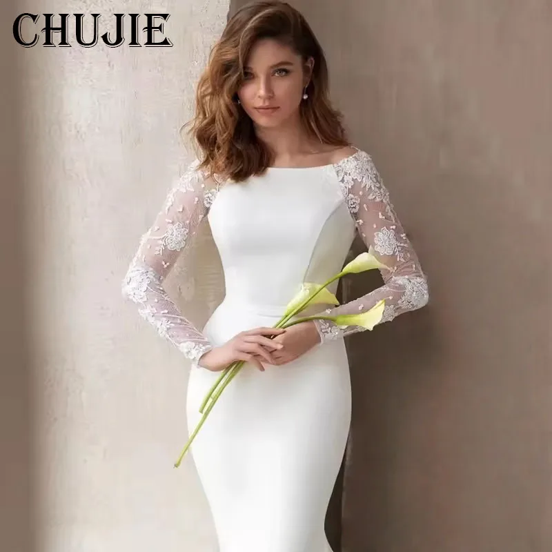 Appliques แขนยาวชุดแต่งงาน Elegant Mermaid ชุดเจ้าสาวกับรถไฟ Custom Made ชุดเจ้าสาว O คอ Vestido de novia