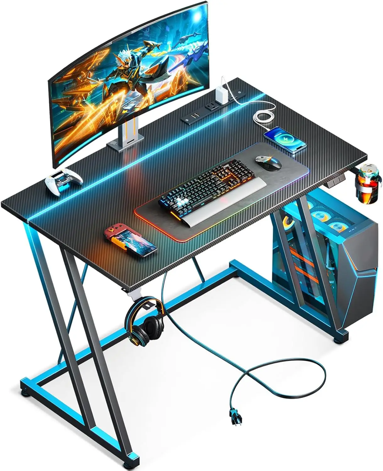 31.5 Inch Small Gaming Desk with LED Lights & Power Outlet, Computer Desk for Small Space, Cheap Gaming Table with Carbon Fiber