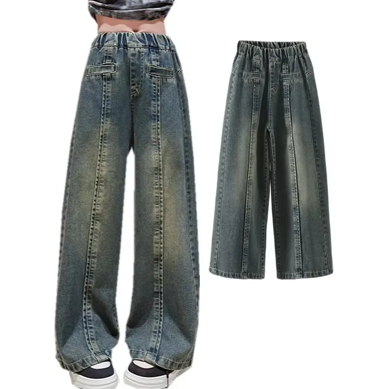 

Retro Blue Child Straight Fit Jeans American Vintage Kids Clothes For Teens Girl Blue Jeans Fashion Wide Leg Denim Pants 5-14Y