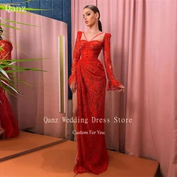 Qanz Red Full Lace Prom Dresses Long Sleeves High Leg Slit Sexy Party Dresses Mermaid with Buttons Luxury Dresses Customized