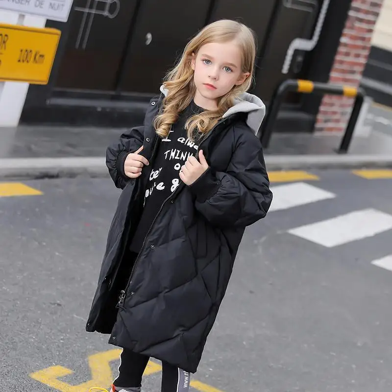 Teens Girls Winter Long Hooded Jacket 5-14 Years Cotton Padded Warm Coat for Big Girls Black Overcoat Sizes 8 9 10 11 12 13
