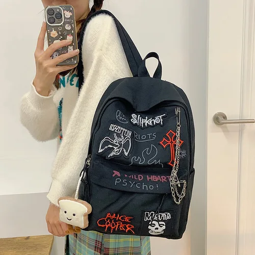 Imagen 2 del producto Mochila Gothic Rock para hombres y mujeres Mochila informal de lona de gran capacidad con detalles de metal y patchwork para uso diario