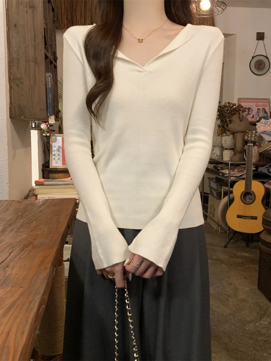 

Korean Sle Long Sve Slim Fit Knitwear Women's Base Layer f Open Collar Autumn Winter New Design Sensation Inner Wear