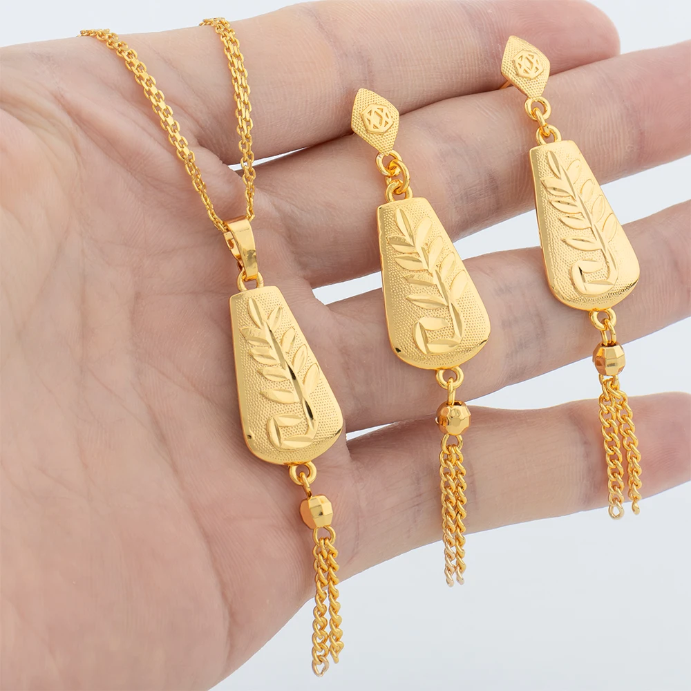2Pcs Round Beads Jewelry Set Gold Color Necklace Copper Drop Earrings For Women Simple Lucky Pendant Gift Jewelry Accessories