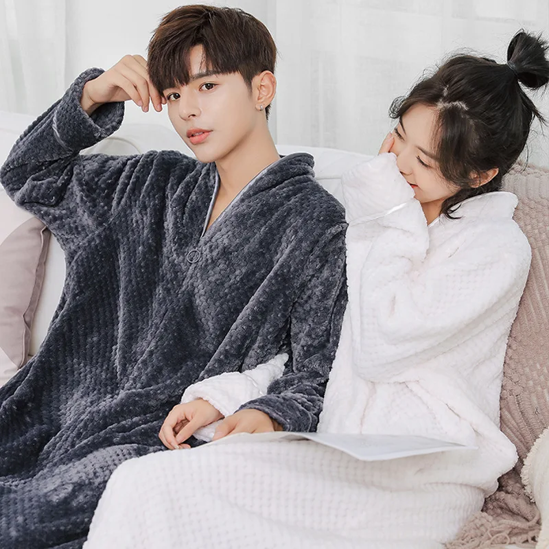 Winter Warm Nightdress Sleepwear Nightgown Robes Couple Solid Flannel Pajamas Kimono Bathrobe Homewear