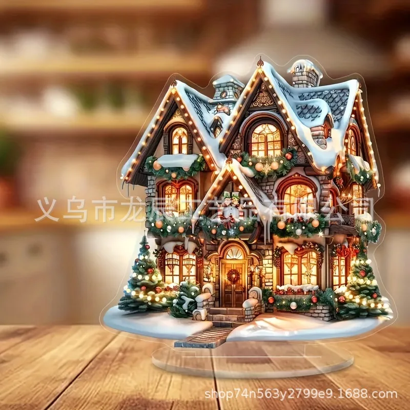 1PCS Christmas Acrylic Ornaments Castle Snow House Hanging Pendant Xmas Decoration For Home Christmas Party New Year Gift