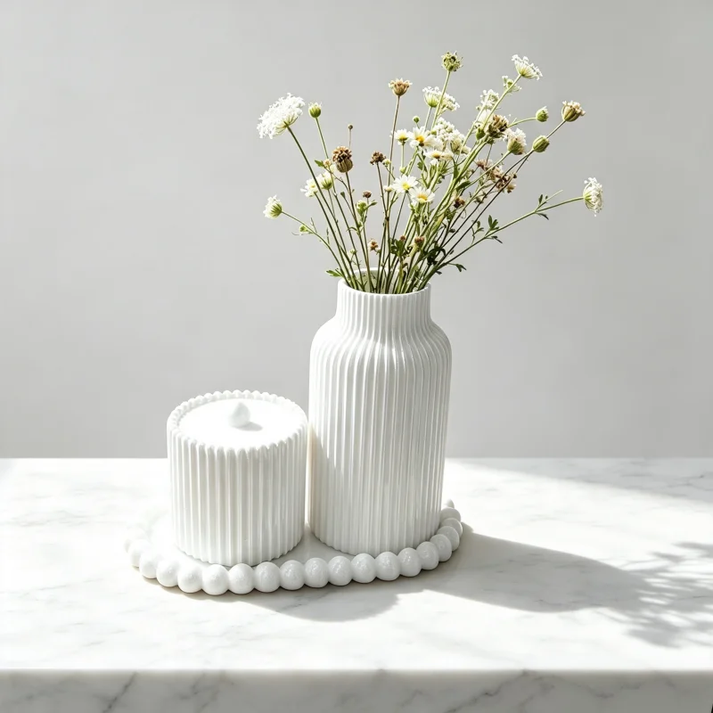 3-Piece Beaded-Edge Bathroom Storage Set, Vertical Striped Vase + Cotton Pad Storage Jar with Lid + Decorative Tray, 3D Printed Matte White Toiletry Set, Housewarming Gift for New Home