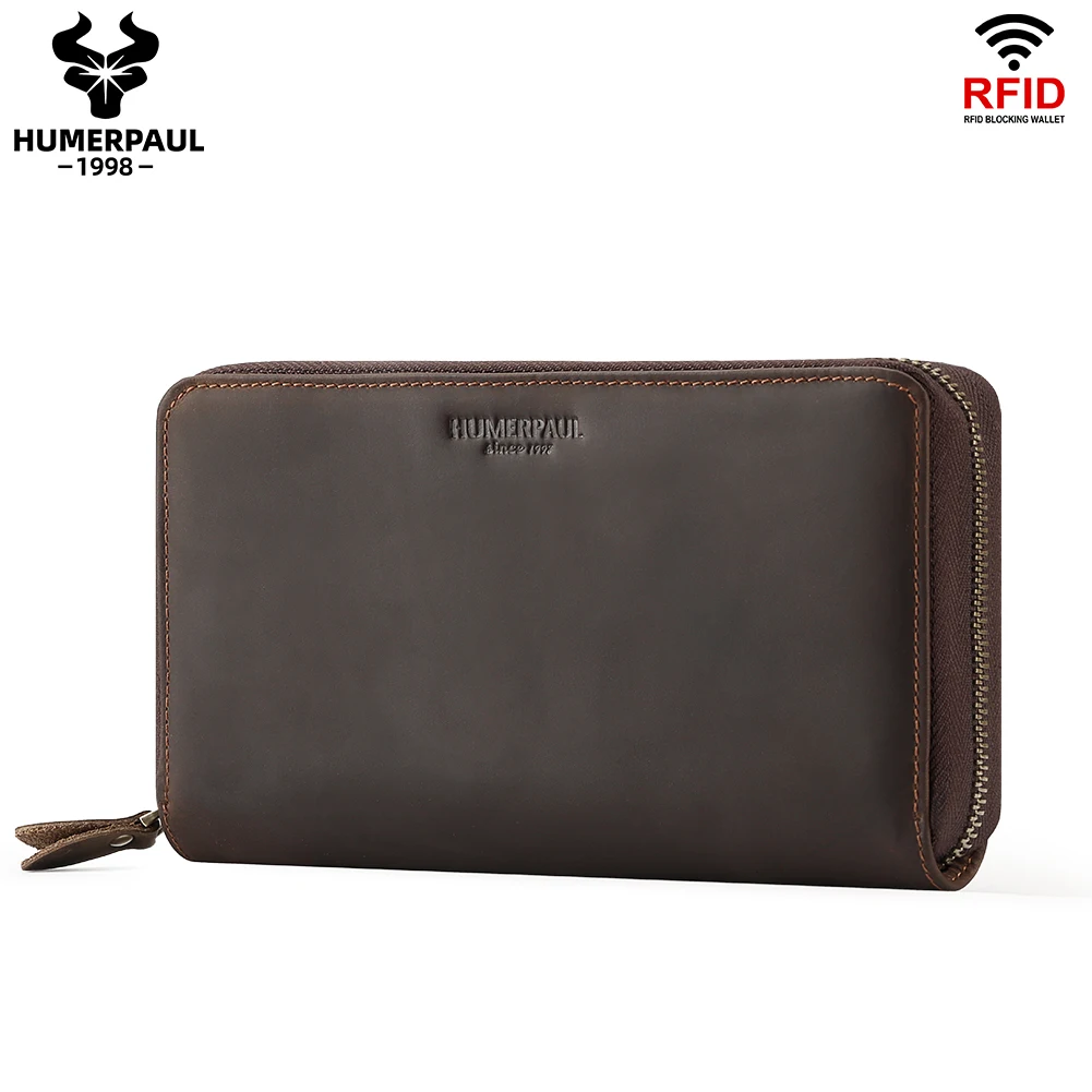 HUMERPAUL Long Wallet for Men Crazy Horse Leather Mobile Phone Purse RFID Protect Card Holder Multifunctional Handle Clutch Bag