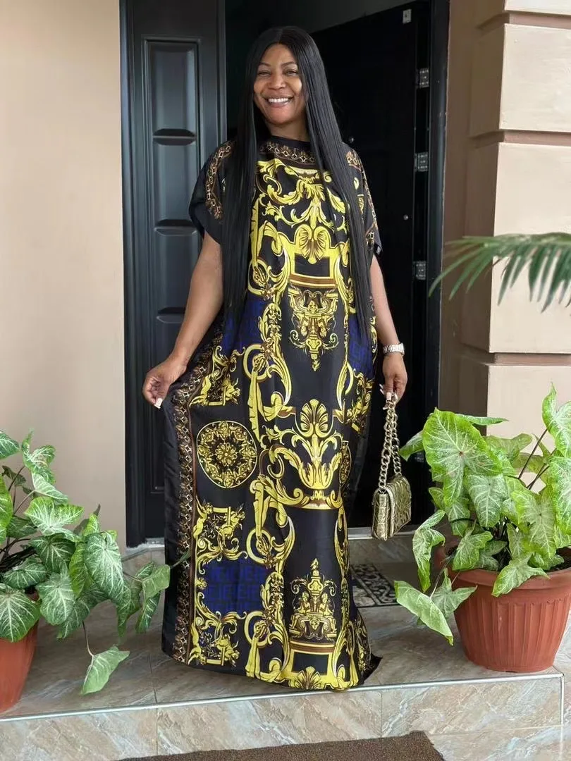 Dress Length 142cm, Bust:160cm Real Silk dresses Bazin Print Dashiki Women Long Dress/gown Yomadou Color Pattern oversize