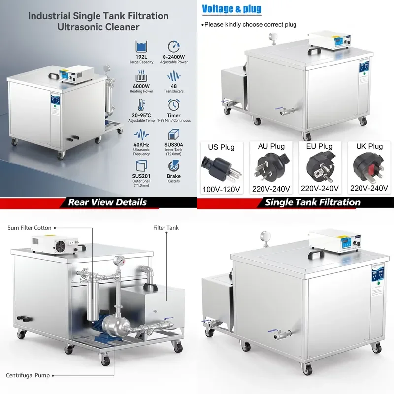 for Popular 192L Filtered Ultrasonic Cleaner 2400W 40KHz Large Capacity Industrial Ultrasonic Cleaner with Timing Function