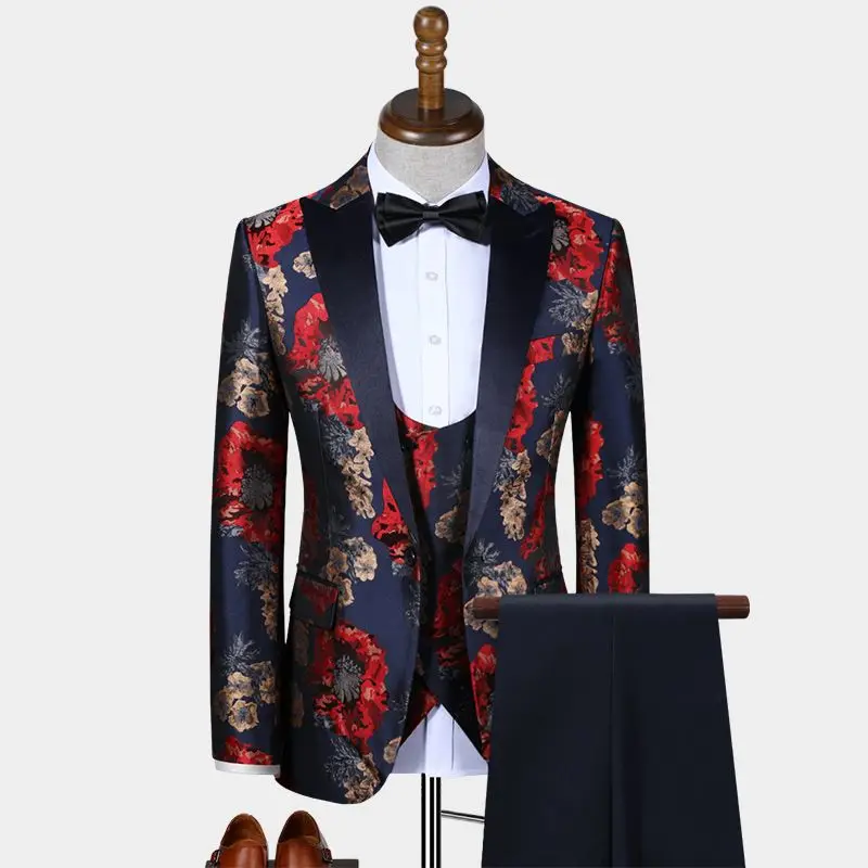 

Navy Blue Floral Printing Men Suits Costume Homme Groom Tuxedos Wedding Terno Masculino Slim Fit 3 Pieces Party Blazer