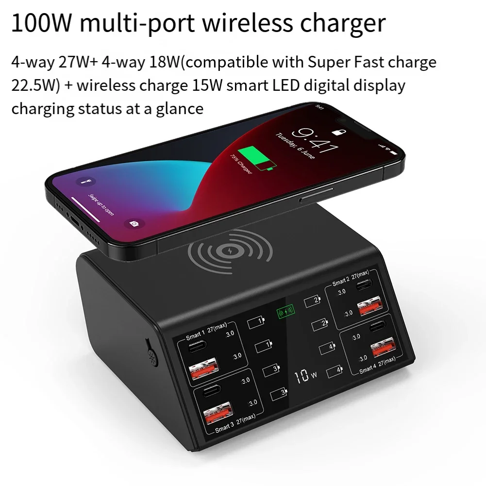 100 W 8-portowa stacja ładująca USB Bezprzewodowe ładowanie z cyfrowym wyświetlaczem Szybkie ładowanie 3.0 dla iPhone'a Xiaomi i tabletów