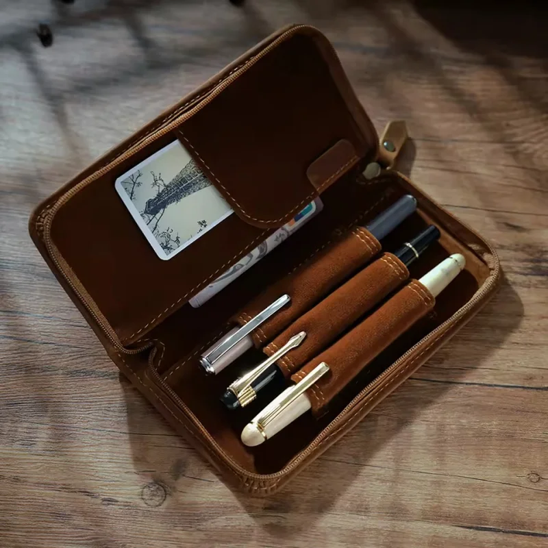 

Leather Pen Storage Bag Pencil Pouch with Zipper Vintage Pen Case Holder for Office Receipts Invoices School Stationery Supplies