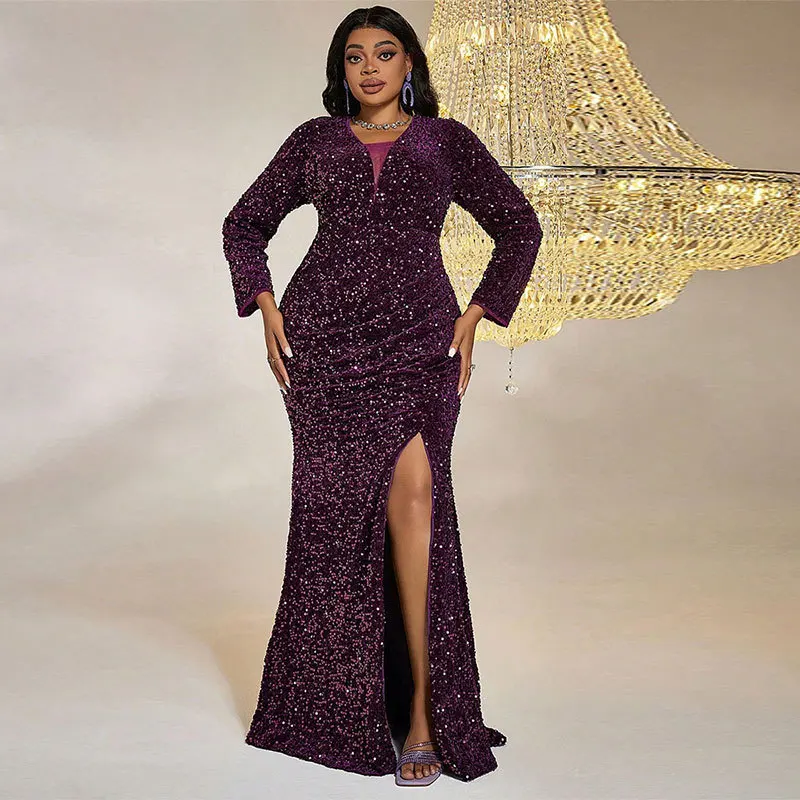 

Large Size V-Ne Floor-Length Dr High Slit Long Sve Purple Gown Sexy Cross-Border KY660 Women's Faion Spring 206