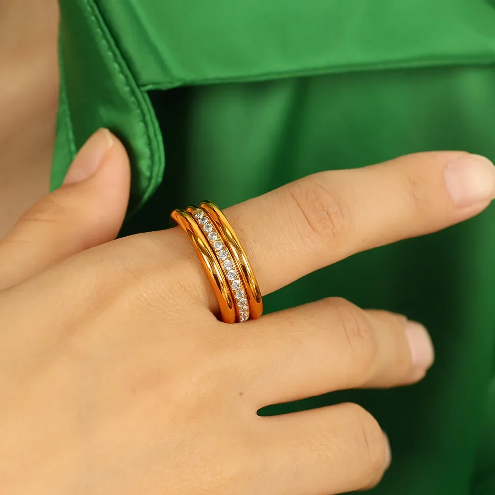 

Simple and Trendy Three-layer Gold Ring 316L Stainless Steel 18k PVD Gold Plated Waterproof Jewelry Accessories 2024 New