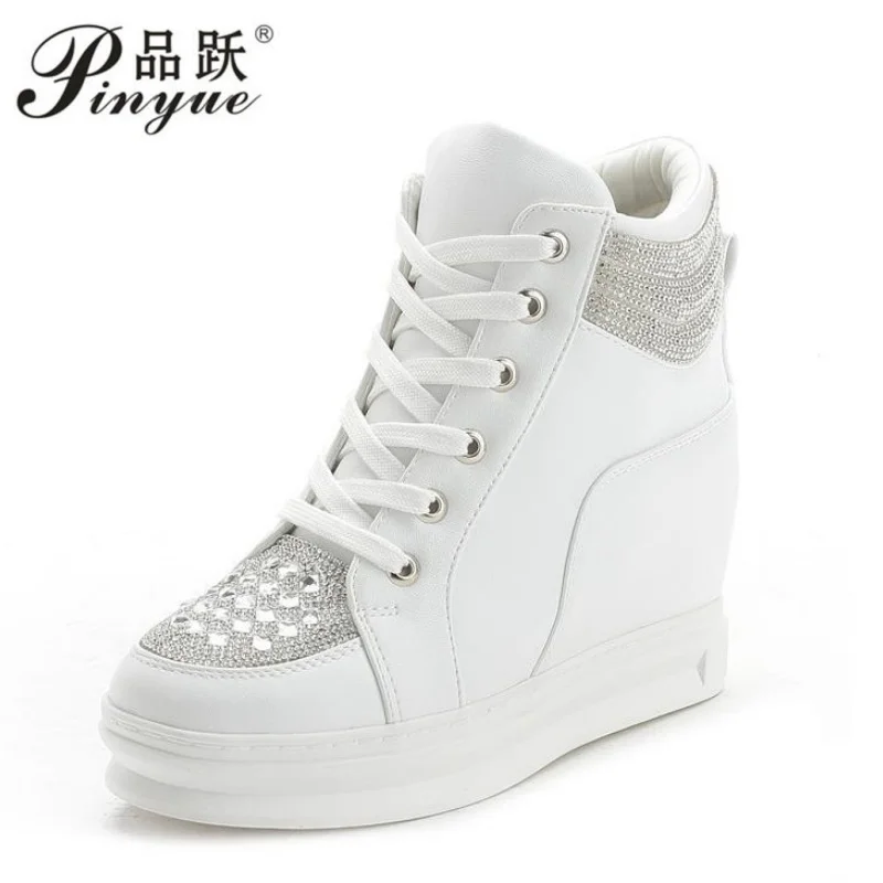 8cm Women Microfiber Platform Wedge Leather Spring Leisure Beads of water Bling Hidden High Brand Chunky Sneakers Autumn Shoes