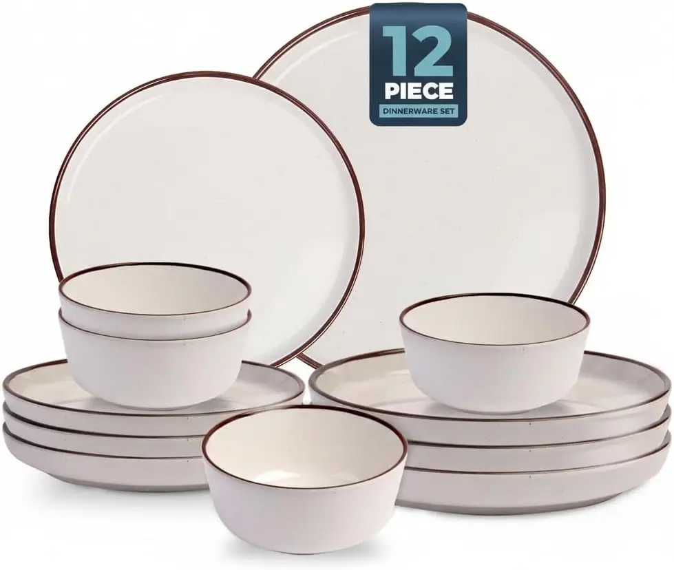 

12 Piece Melamine Dinnerware Sets for 4, White Base with Speckles,Modern Plates and Bowls Sets