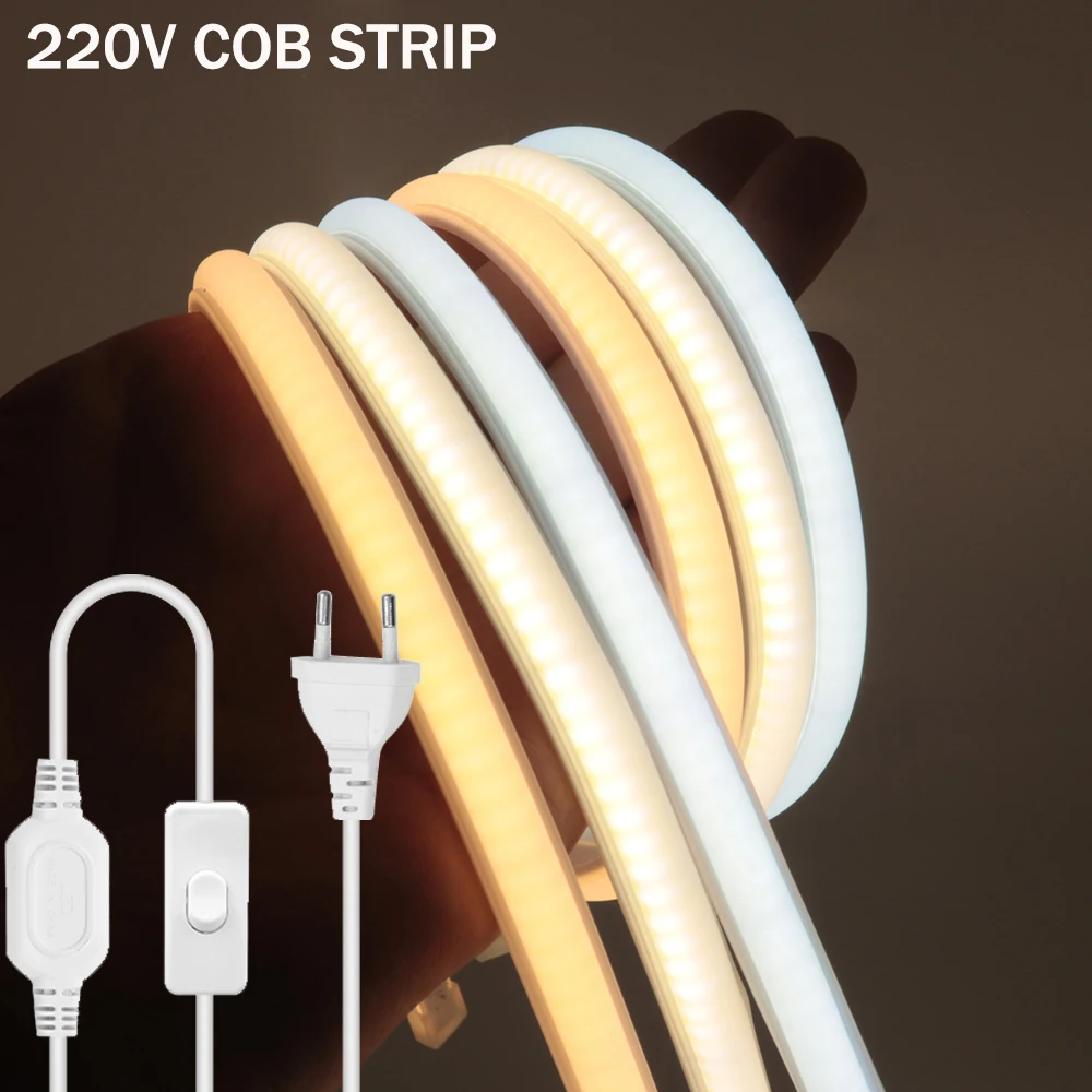 

220V COB LED Strip Light with Switch 288LEDs Flexible LED Neon Light Waterproof COB LED Lights High Density Linear Lighting