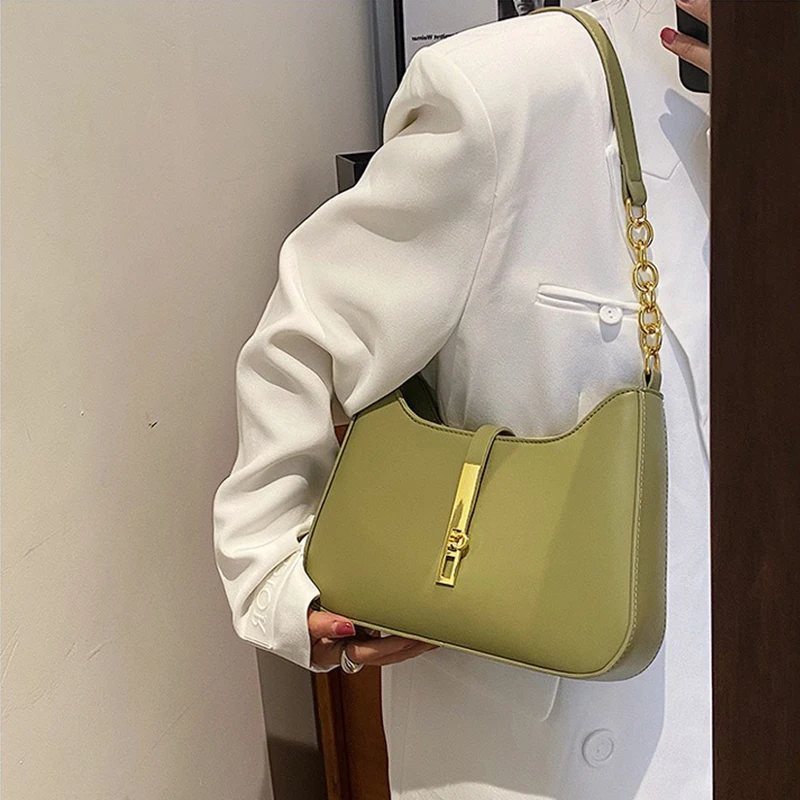 Bolsa de ombro casual em couro PU feminina, bolsa feminina, bolsa axilar, monocromática, moda