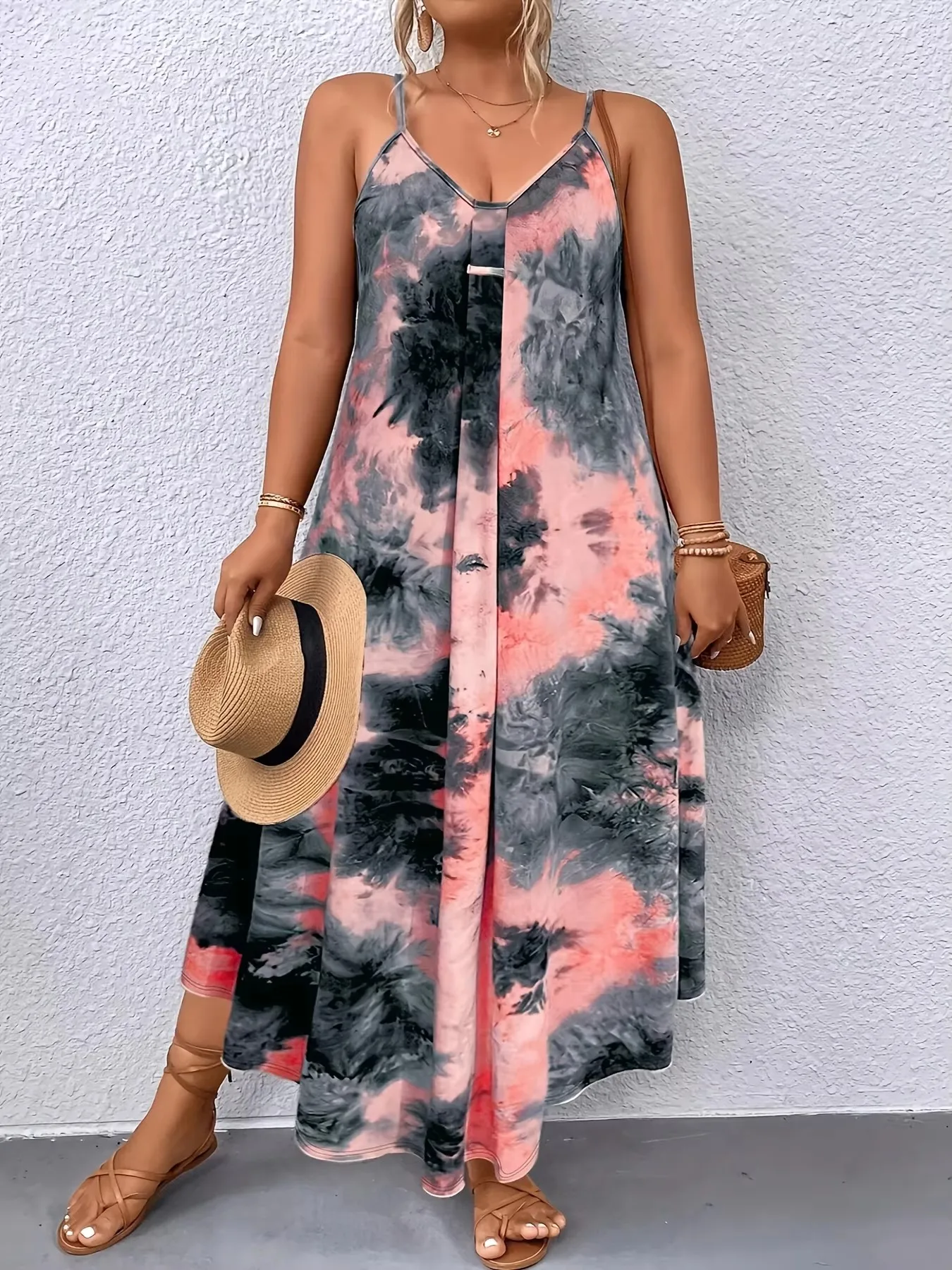 

Elegant V-neck sleeveless dress for women in 2025, featuring abstract prints and pleated chest details - Lightweight and machine