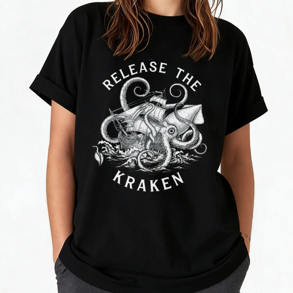 Release The Kraken Cotton T-Shirt Octopus Sea Monster Pirate Ship Attack Mythical Creature Tee Nautical Ocean Tee Kraken Tee